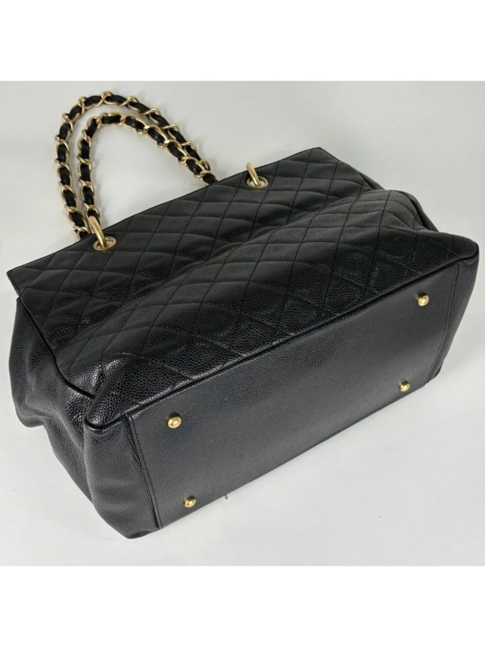 Chanel CC Logo Chain Tote Quilted Caviar Leather Black